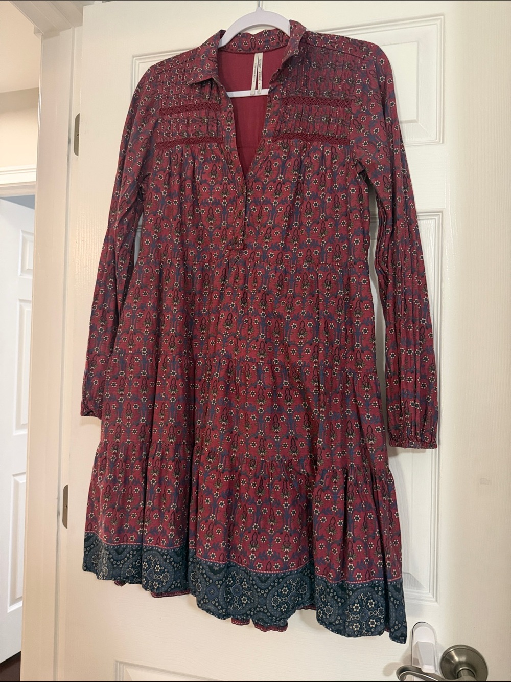 Anthropologie Floral Burgundy Long-Sleeve Tiered Dress
